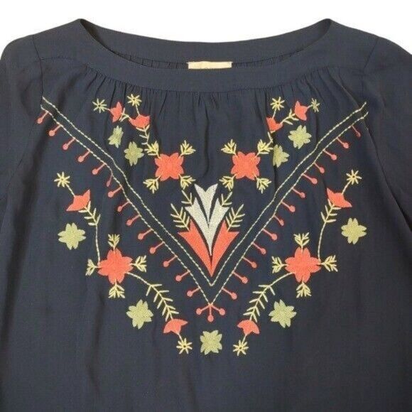 Loft Embroidered Bell Sleeve Boat neck Lightweight Navy Blouse XS - Picture 15 of 16